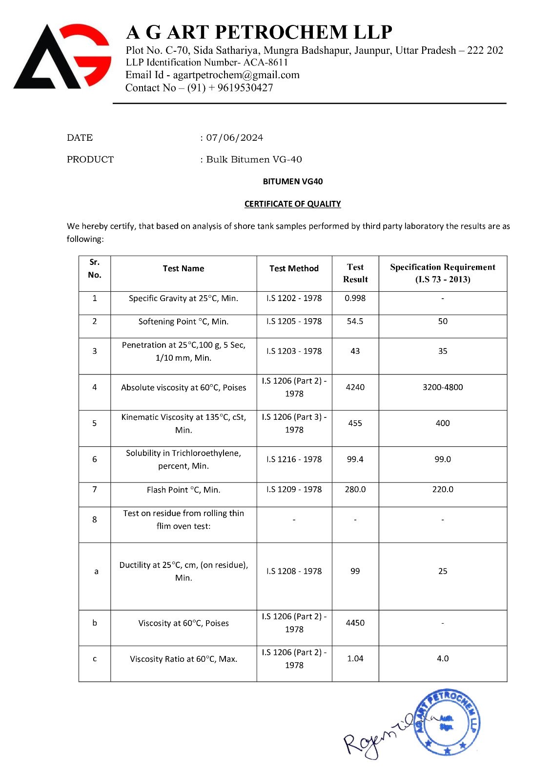 Test Reports - AG ART PETROCHEM LLP